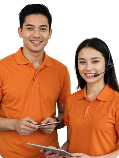 Imagem de um homem e uma mulher de camisa laranja representando o atendimento da Valeti