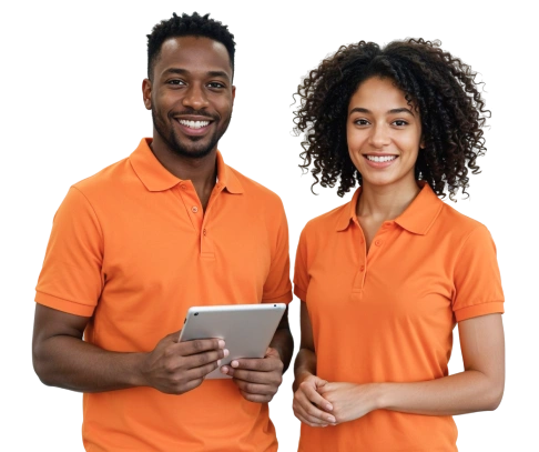 Imagem de um homem e uma mulher de camisa laranja representando o atendimento da Valeti