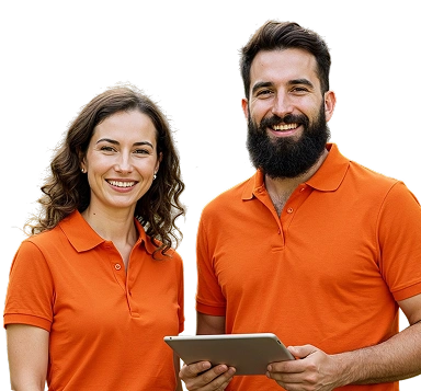 Imagem de um homem e uma mulher de camisa laranja representando o atendimento da Valeti