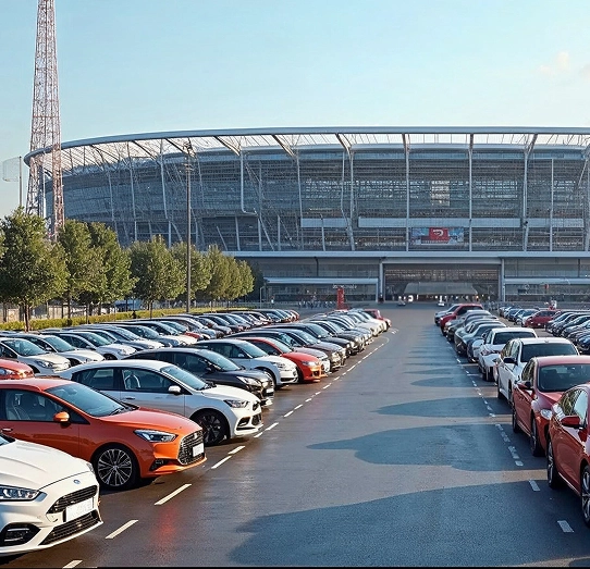 Imagem de um estacionamento de um estádio de futebol com vários veículos