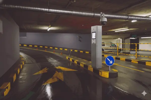 Cancela automática instalada na entrada de garagem subterrânea, representando o uso de cancela para estacionamento no controle de acesso de veículos.