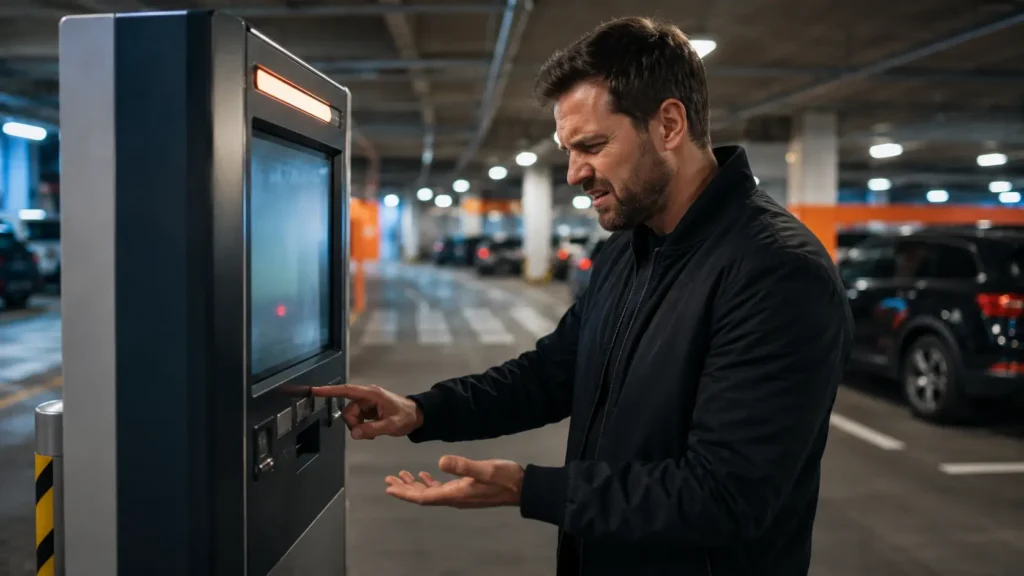 Homem com problema no totem de atendimento do estacionamento